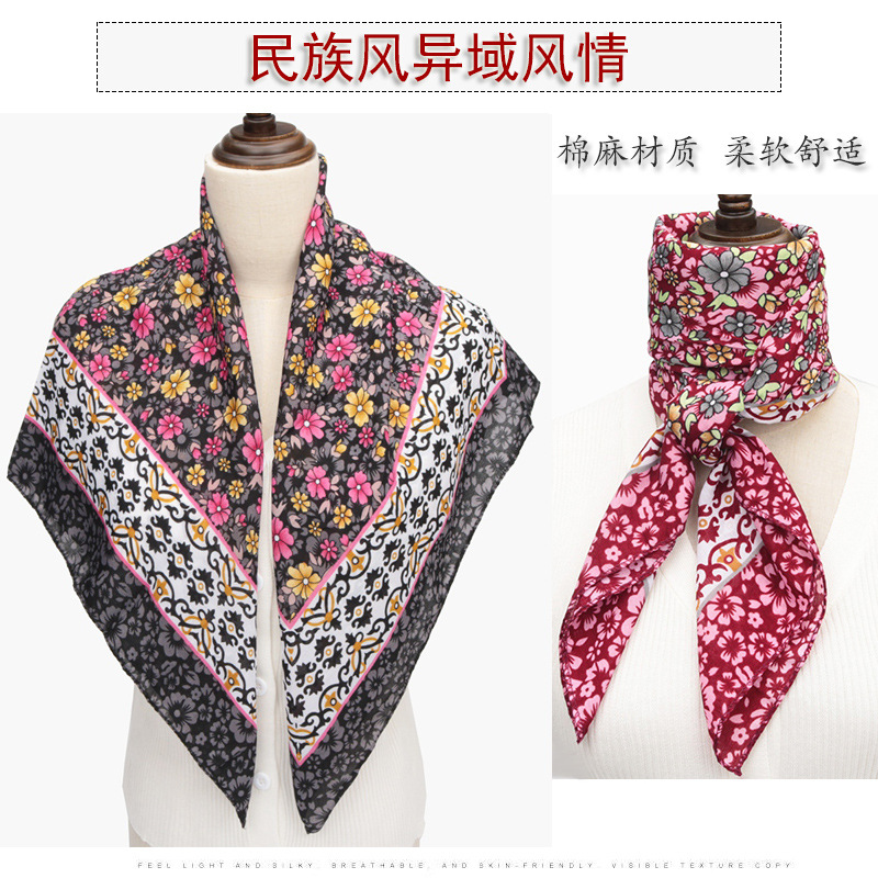 Exotic National Style Generous Towel Cotton Cotton Cotton Square Scarf Shawl Printed Thin Silk Scarf Headband