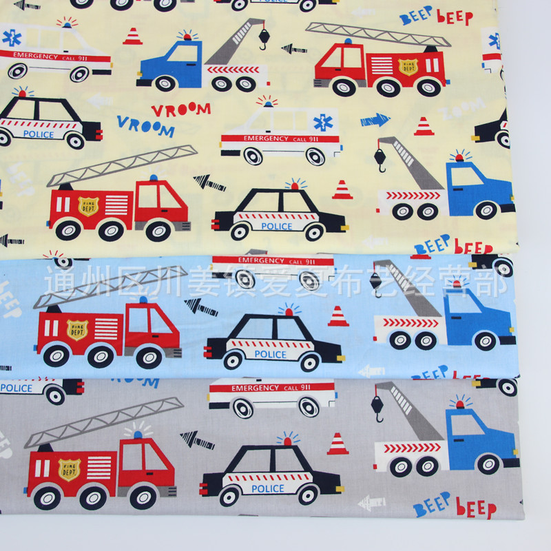 工程车警车挖土机 全棉斜纹印花面料  被套床单枕套床品布料批发
