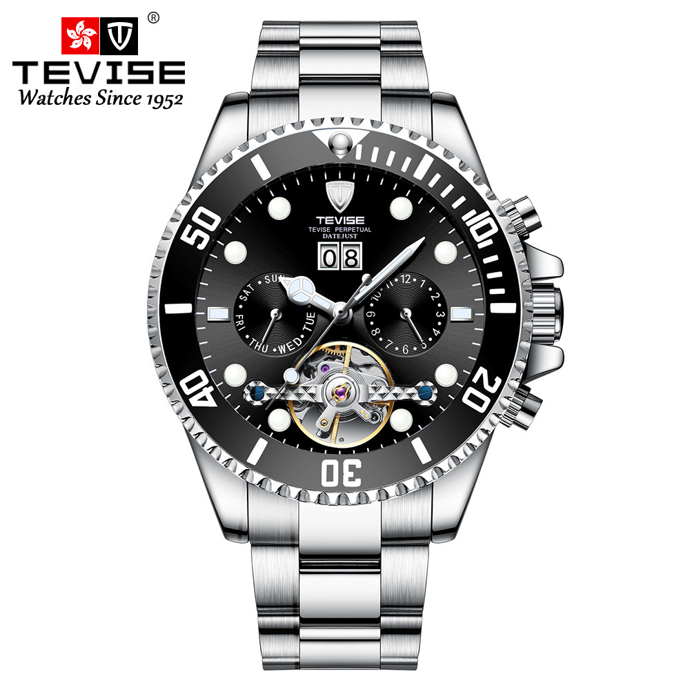 TEVISE reloj mecánico automático para hombre multifunción hueco luminoso impermeable transparente inferior reloj mecánico T823F