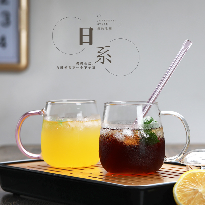 Taza de agua de vidrio de borosilicato lindo simple taza de setas mango de color con tapa de vidrio de oficina en casa taza de una sola capa