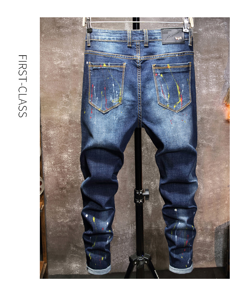 Foreign trade Europe station autumn and winter men's jeans slim personality hole patch elastic small feet casual jeans men 10 undefined