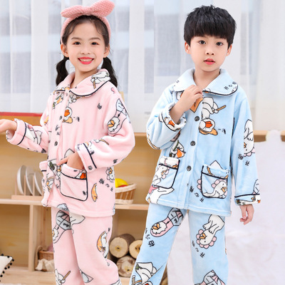 儿童睡衣2021新款儿童法兰绒睡衣套装男女童珊瑚绒大童家居服童装|ms