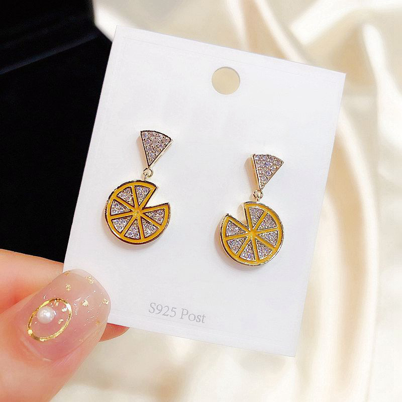 Korean New 925 Silver Needle Lemon Hot Style Rhinestone Fruit  Earrings display picture 8