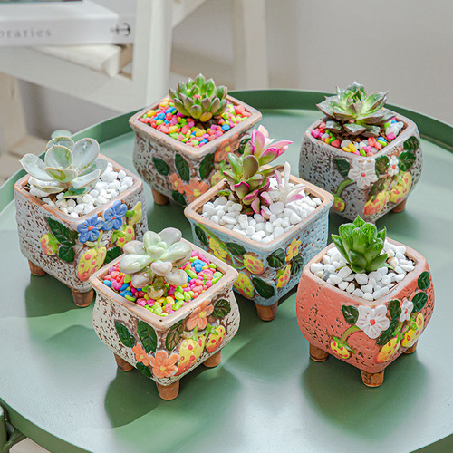 Featured square creative cute cartoon ceramic succulent plant pot with feet square succulent ceramic flower pot hand-painted pot