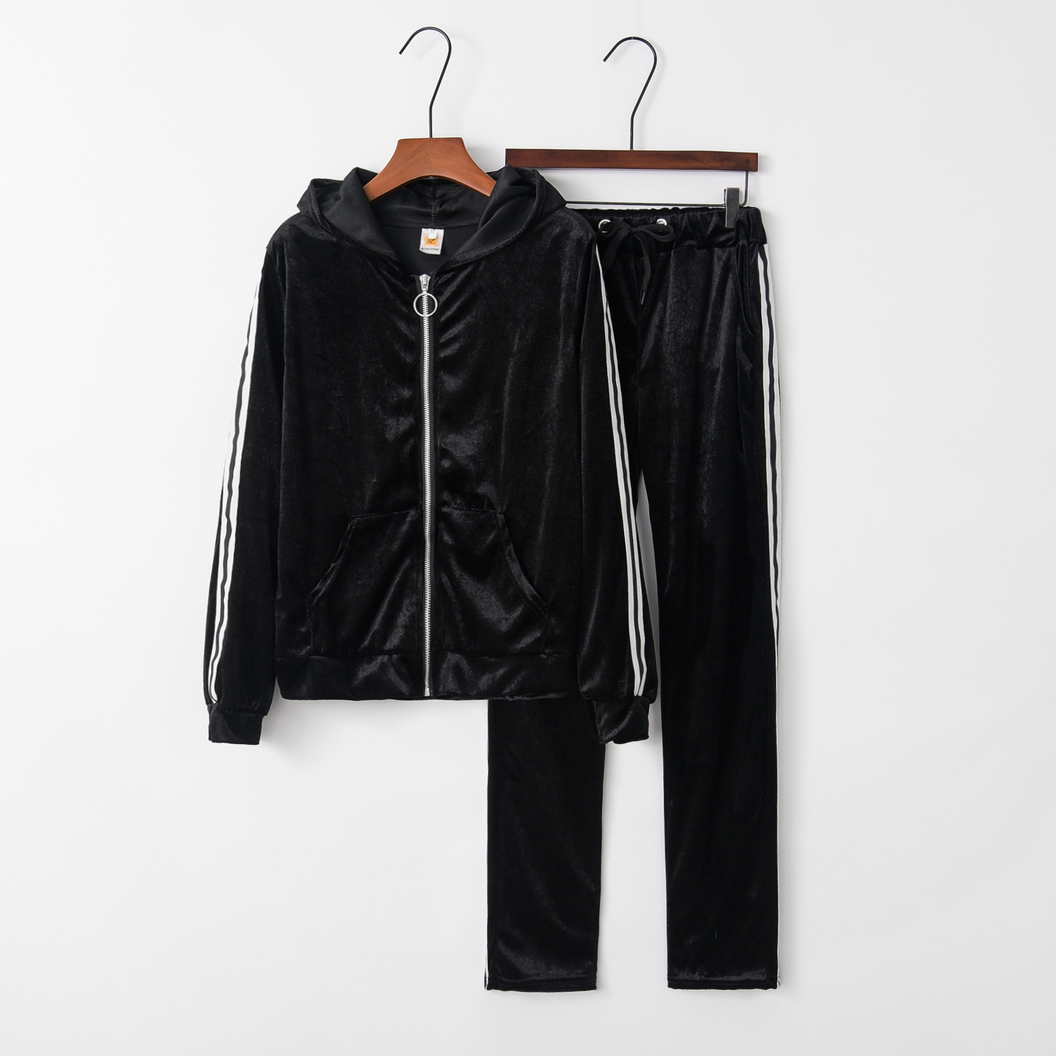 striped gold velvet hooded zipper warm sweater and trousers suit NSYF1818