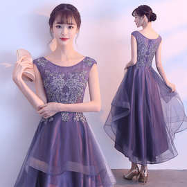 伴娘礼服闺蜜2021新款春季紫色显瘦韩版蕾丝前短后长晚礼服连衣裙