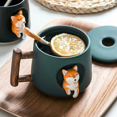 Creative Embossed Corgi Cartoon Ceramic Cup Shiba Inu Cup with Lid and Spoon Small Animal Water Cup for Men and Women Gift for Couples