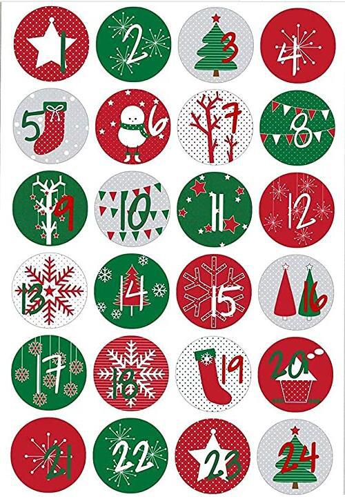 Calendario de Adviento con Pegatinas, Bolsas de Algodón y Lino Navideñas con Estampado Dorado, Bolsas de Regalo Navideñas, Juego de Bolsas para Dulces con Estampado Dorado, 24 Piezas