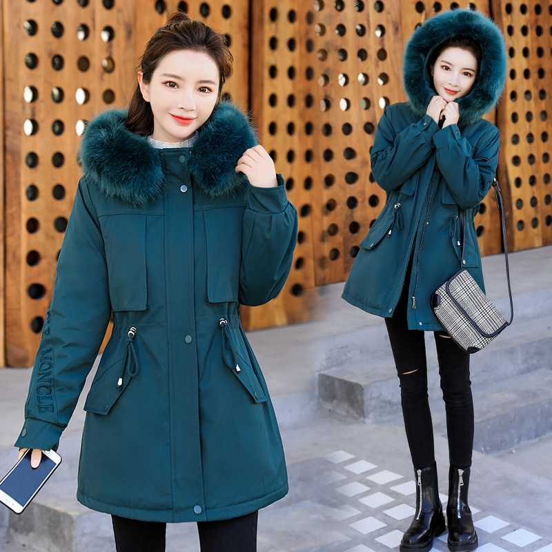 棉衣女中长款连帽大毛领派克服2020冬季新款短款加绒棉服棉袄外套|ru