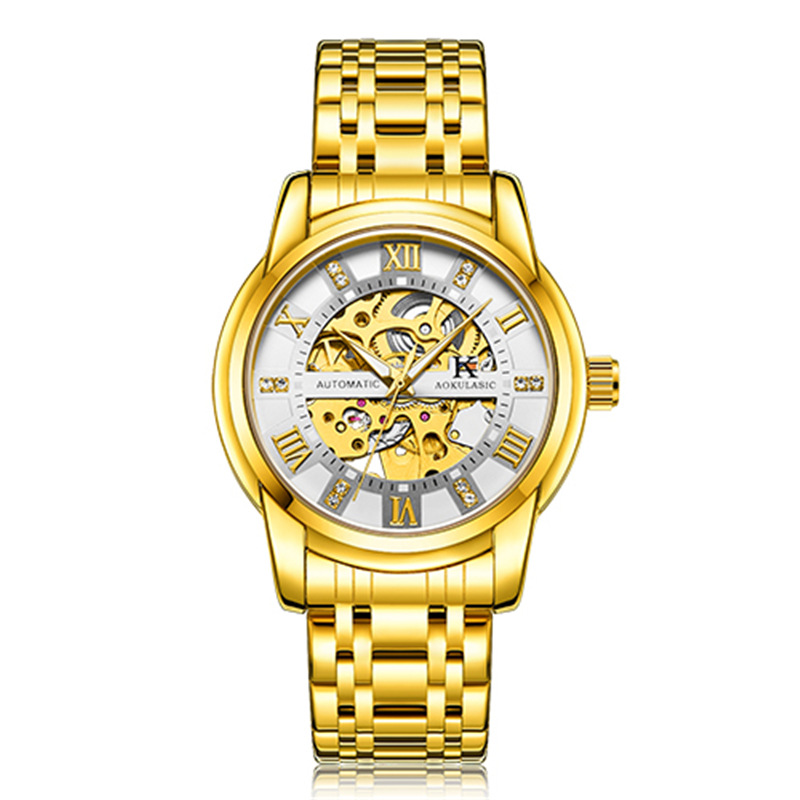 Ogulas AOKULASIC hombres correa de acero reloj mecánico automático hueco volante negocio reloj 5066