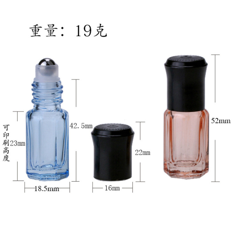 3ml botella de bola de rodillo octogonal color transparente aceite esencial perfume sub-botella