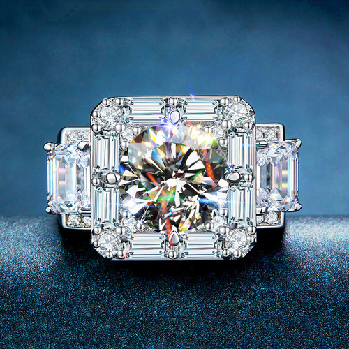 Moissanite luxury T-square ring 18K white gold gold diamond ring studded with small diamonds and large carat domineering men's ring