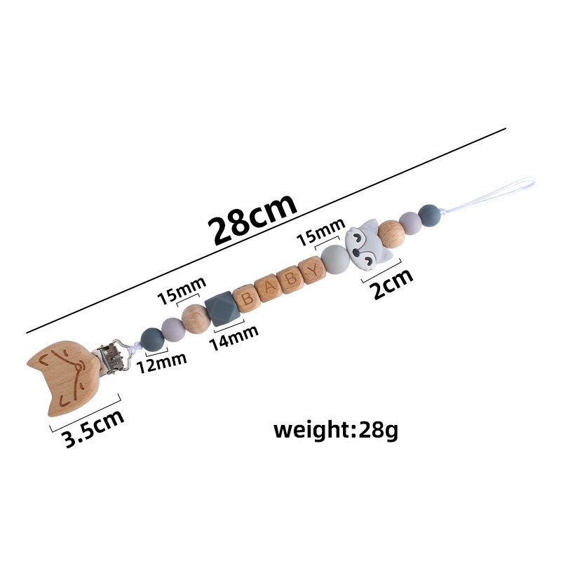 Bebé haya zorro chupete clip de juguete de dibujos animados bebé nombre silicona pequeño zorro mordedor chupete cadena