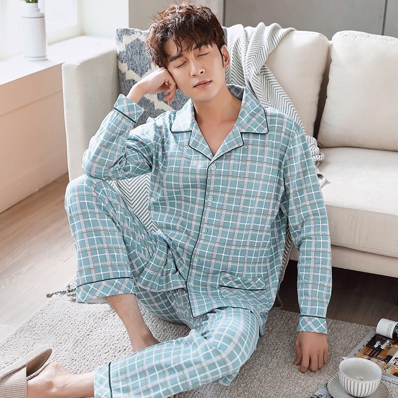 Cardigan pijamas hombres de primavera y otoño de manga larga 100% algodón traje de seda adolescentes más traje de tamaño