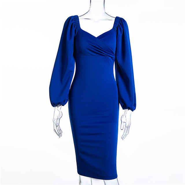 Spring and autumn temperament Dress Medium Length waist closing bubble sleeve elastic cotton long sleeve dress