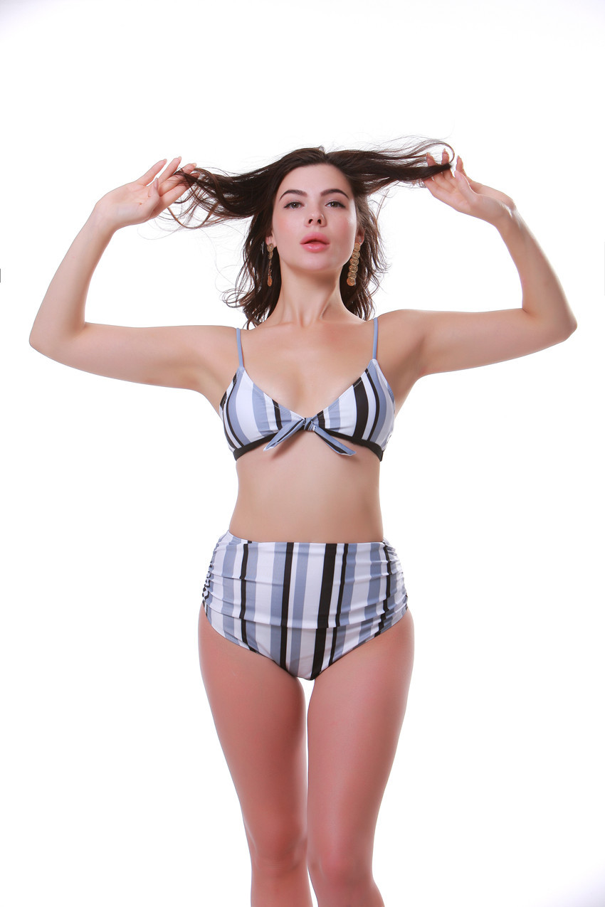 Striped pleated split bikini NSHL42879