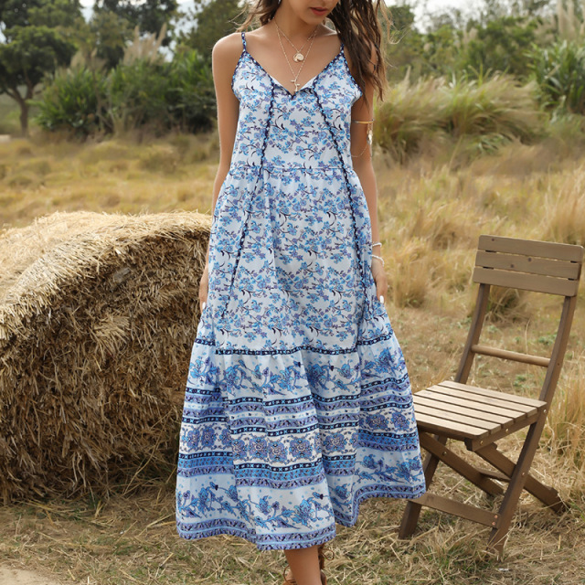 Bohemian print loose V-neck panel large swing Sling Dress