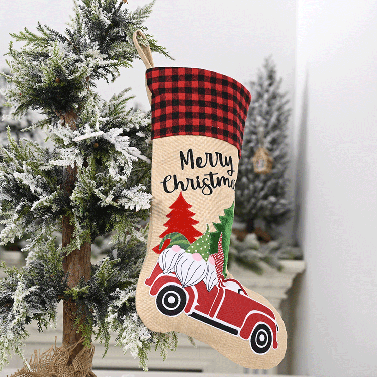 Christmas Decorations Linen Lattice Socks Gift Bag