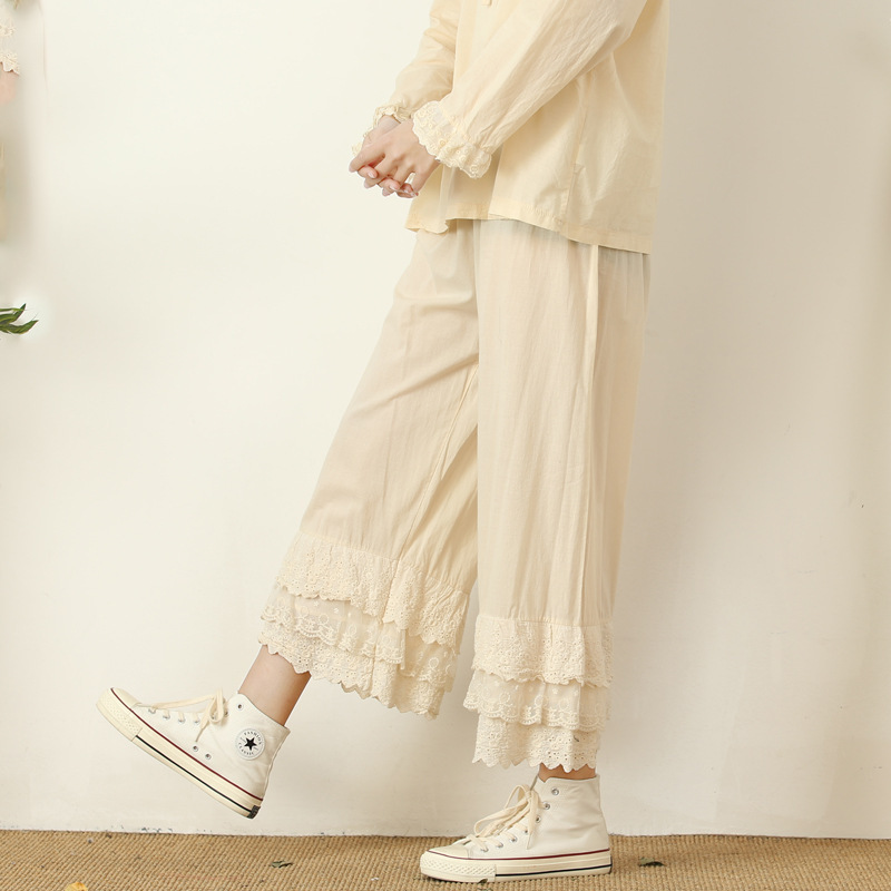 Japanese Style Women's Wide-Leg Pants with Multi-Layered Lace Trim, Casual Versatile Leggings, Cotton Loose Nine-Point Pants, Korean Style Casual