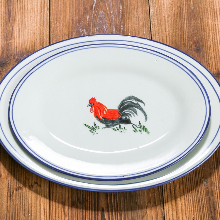 工厂直销 陶瓷鱼盘 公鸡蒸鱼盘 椭圆盘12寸 酒店 定制logo 厚实