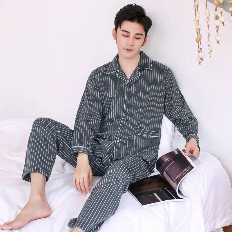 Pijamas de los hombres 100% algodón manga larga Primavera, otoño e invierno más tamaño algodón joven y de mediana edad