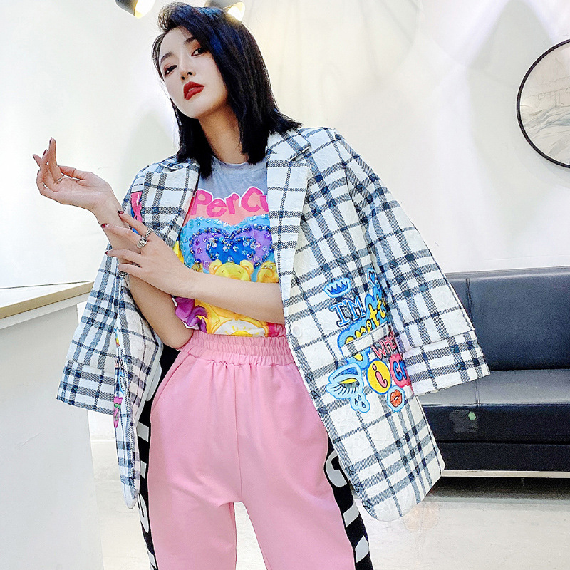 泰国潮牌2020春秋新款复古港风卡通亮片格子西服上衣小西装女外套|ru