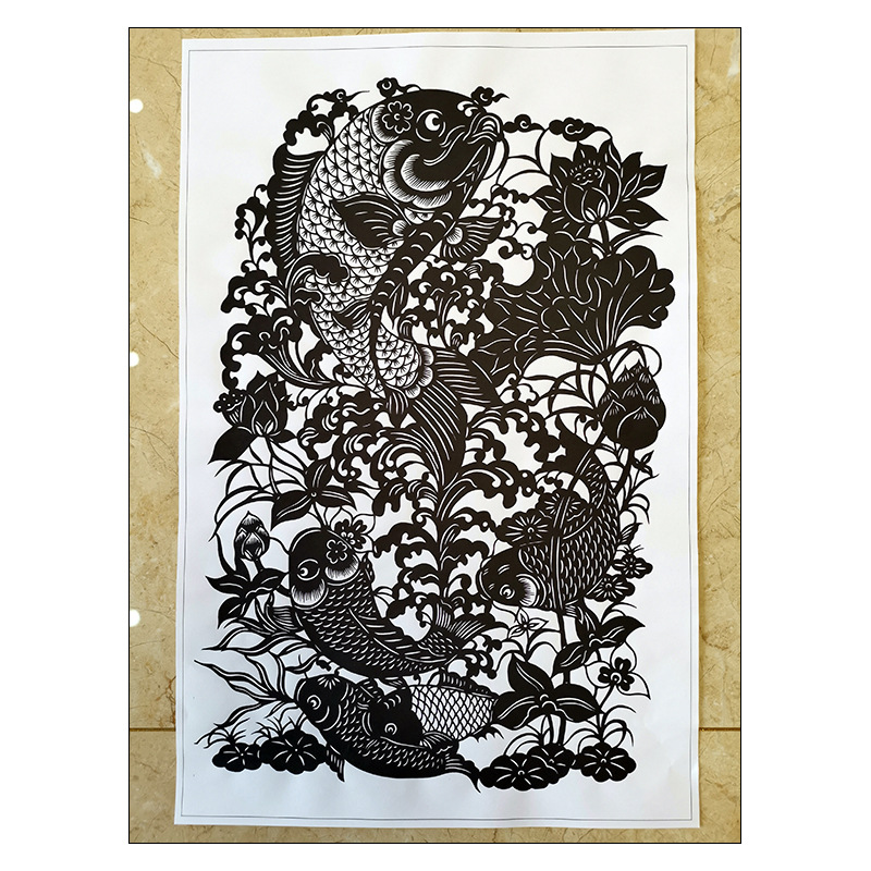 荷花鲤鱼图窗花剪纸图样打印底稿中国风花鸟手工刻纸素材练习图案