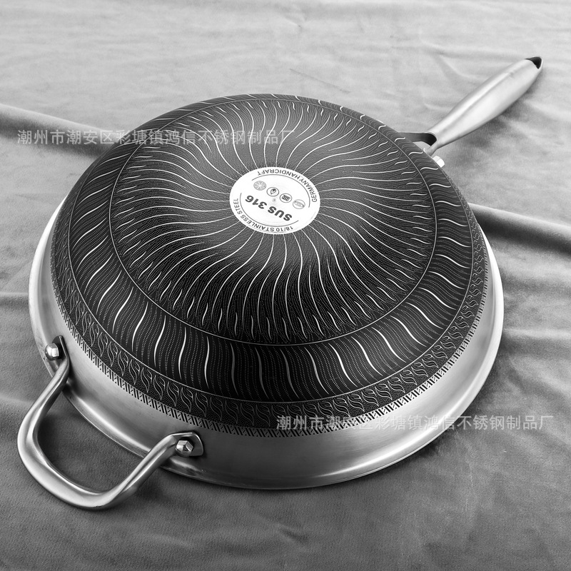 厂销316双面屏不锈钢炒锅 三层钢五层钢平底不粘锅无油烟锅具套装|ms