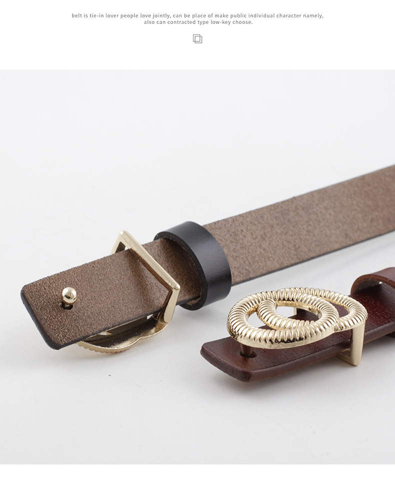 Double Loop Buckle Small Belt Ladies Plate Buckle Leather Thin Belt Two-layer Cowhide Women's Casual Fashion Belt display picture 3