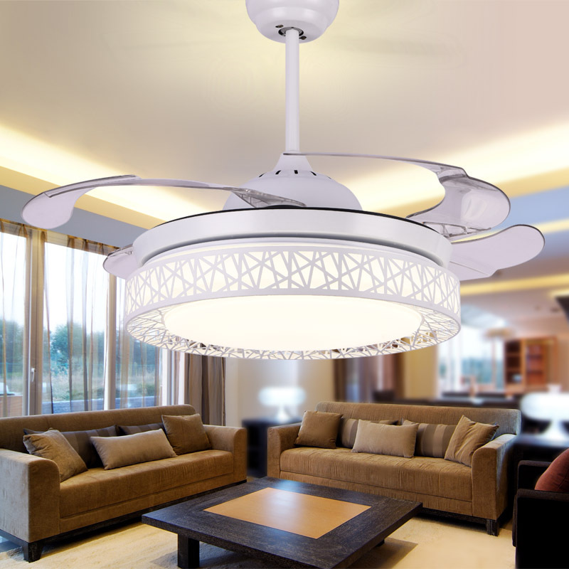 鸟巢led现代简约42寸吊扇灯三色变光客厅 餐厅卧室遥控隐形风扇灯|ms