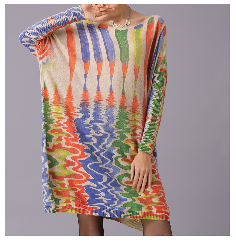 Autumn Winter Sweaters Loose Idle Pencil Print Pullover Mid Length Knitwear Women