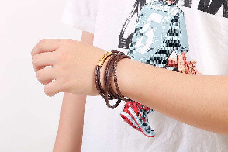 Daily, Street Occasion Hip-Hop Retro Geometric Stainless Steel Leather Braid Men's Wristband Men Cord & Leather Bracelets