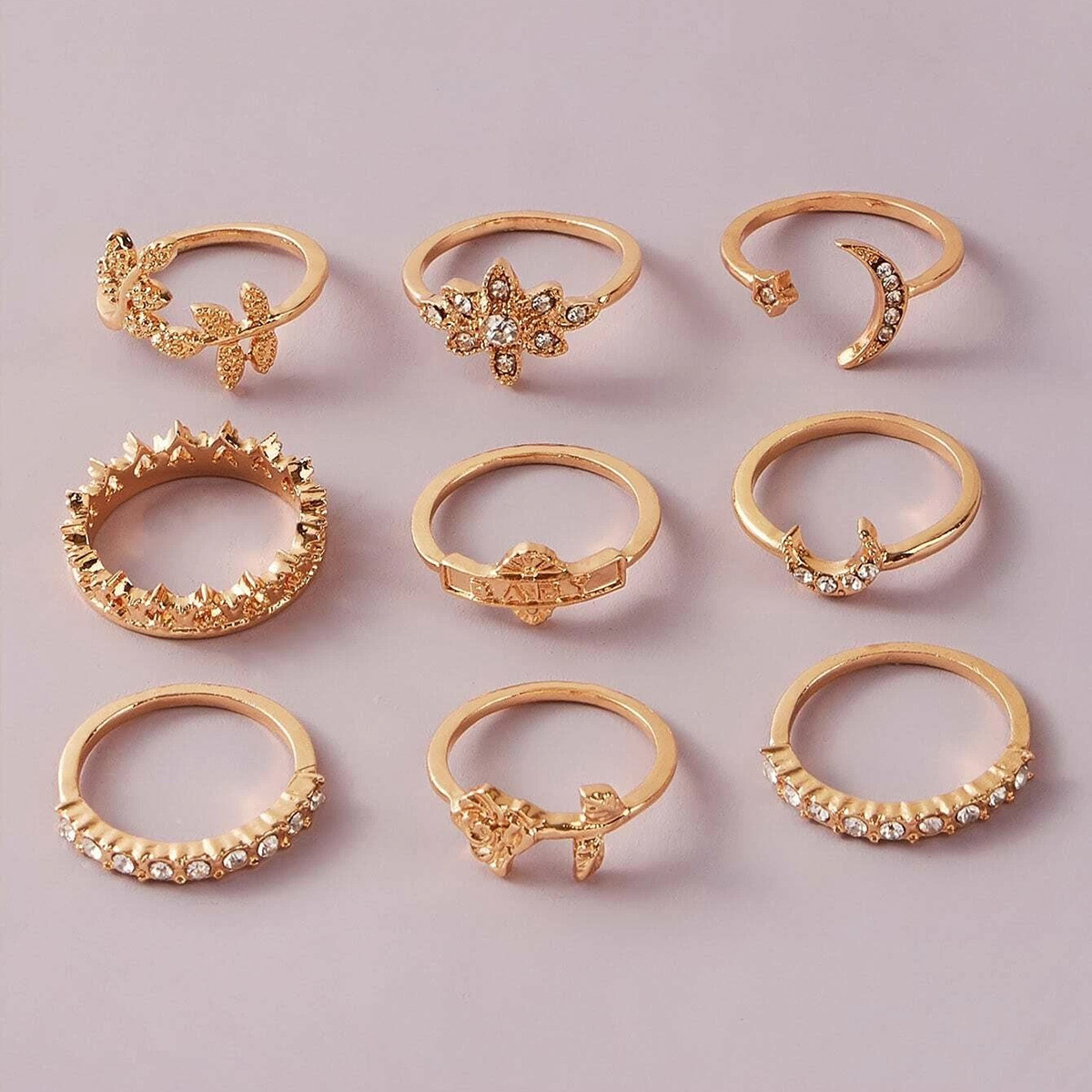 New Fashion Moon Star Leaf Leaf Rose Diamond Crown 9 Nine Set Ring Set Wholesale display picture 4