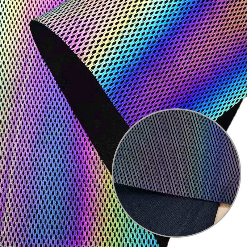 工厂直供七彩反光三明治加厚网眼布幻彩反光网布护膝反光面料