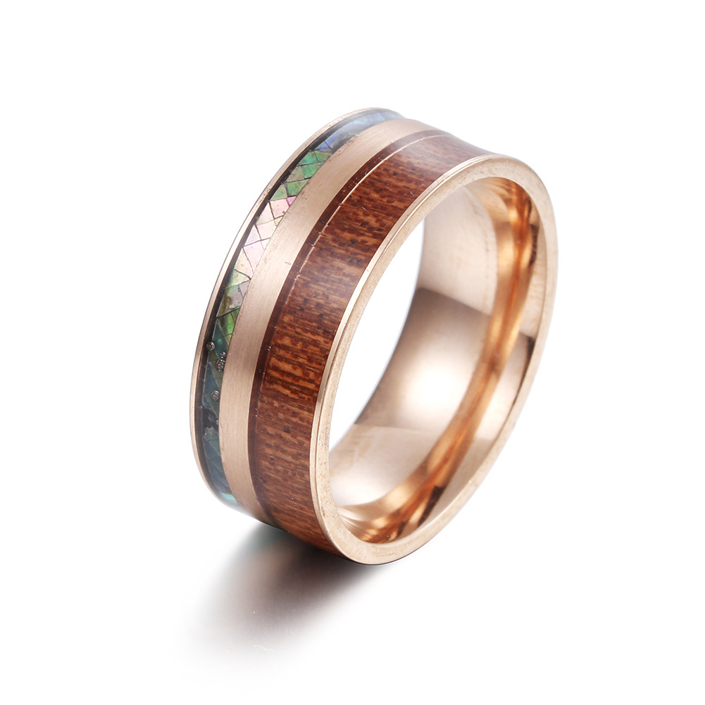 Cross-border 8mm Wide Acacia Wood Plus Abalone Shell Titanium Steel Ring Standard Jewelry Wholesale display picture 8