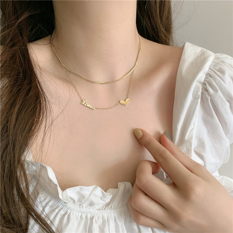 Korean Titanium Steel Gold-plated Double Layered With Love Letters Short Clavicle Chain Necklace Wholesale Nihaojewelry display picture 2