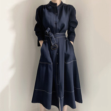 韩国chic极简主义 优雅立领明线单排扣宽松绑带风衣式连衣裙长裙