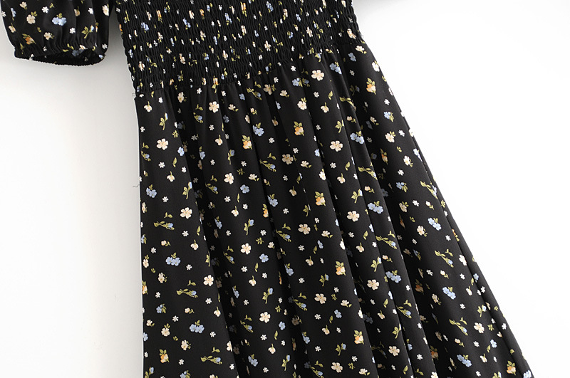 Retro Small Floral Print Square Neck Puff Sleeve Slit Dress NSAM5270