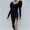 Sexy V-neck bubble sleeve high split skirt