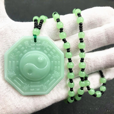 2pcs green jade Tai Chi Bagua Pendant Obsidian Crystal pray Necklace for Men and Women Feng Shui Buddhist Necklace Scenic Temple Fair