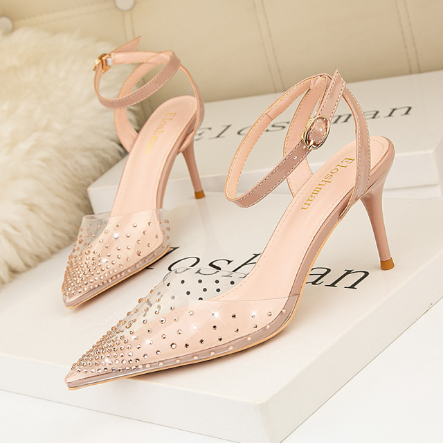 Simple pointed shallow mouth high-heeled shoes transparent flat sandals thin heel hollow women’s shoes