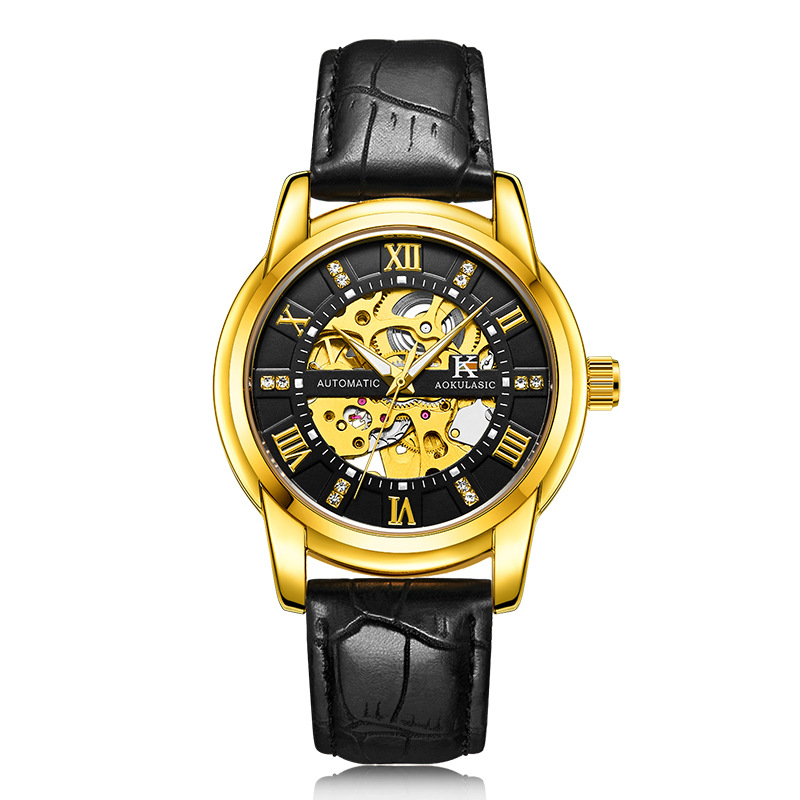 Ogulas AOKULASIC reloj mecánico automático para hombres hollow-out transparent flywheel Belt reloj 5066