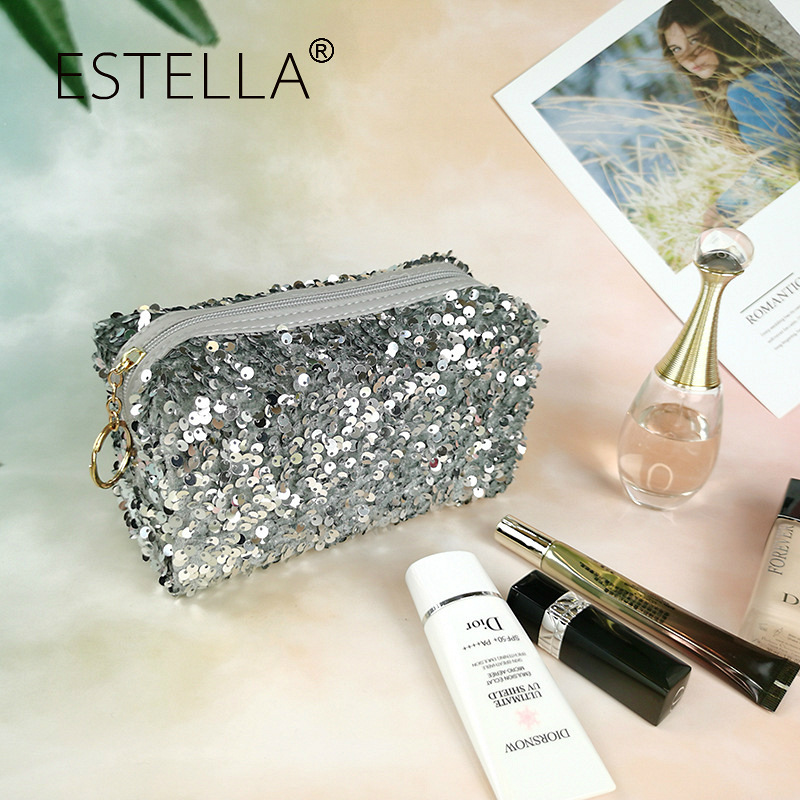 Bolsa de maquillaje de lentejuelas fabricada en fábrica para mujer, bolsa de almacenamiento de viaje INS, exquisita bolsa de aseo portátil de gran capacidad, estilo INS al por mayor