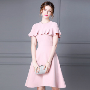 Temperament dress goddess model pink Ruffle short sleeve