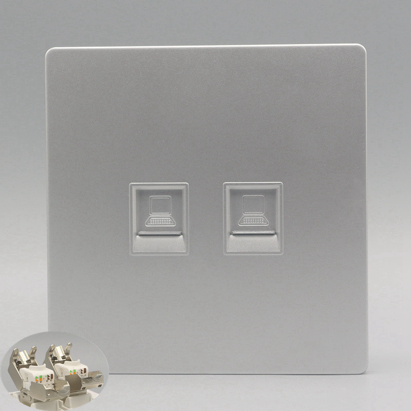 银色86型双口千兆电脑插座CAT6A网络面板双口超6类屏蔽网线口面板