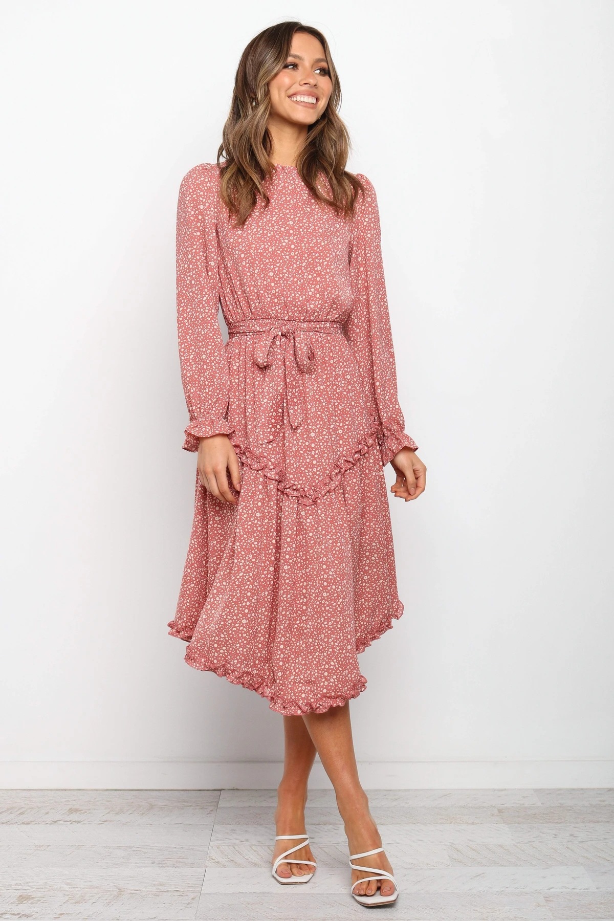  half-high collar long-sleeved waist belt printing mid-length dress NSYD3719