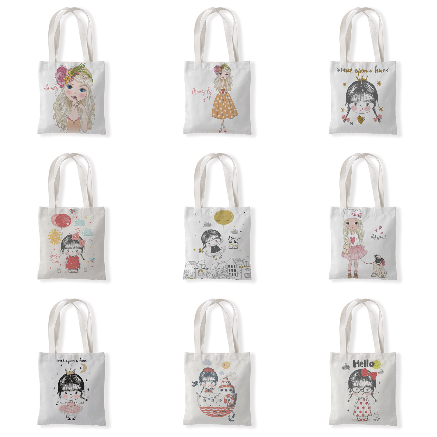 可爱女孩彩印印花单肩学生帆布袋小手拎女包零钱袋休闲百搭包