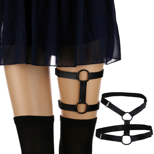 European and American Harajuku punk street nightclub bar sexy hard girl PU leather round thigh ring foot ring double row garter belt