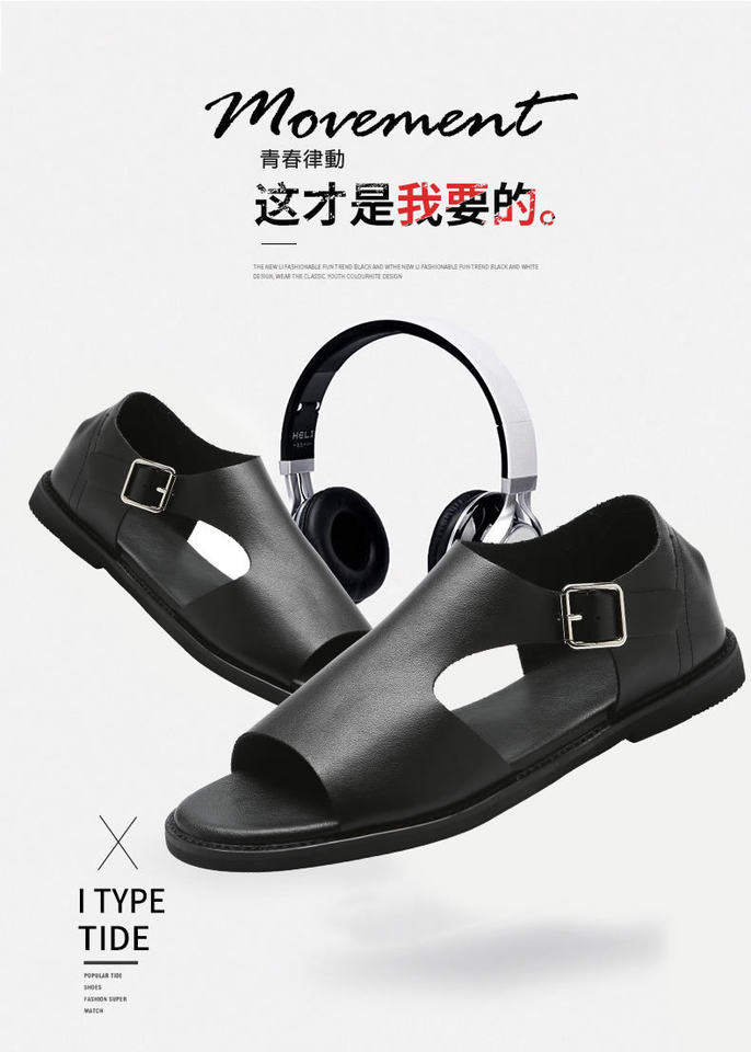Dép sandal nam quai ngang kiểu La Mã, da bò, hở ngón, đế mềm thoáng khí — Màu đen chi tiết 2