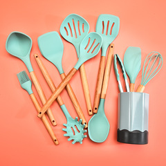 Beechwood Silicone Kitchen Set of 11 Pieces, Kitchen Cooking Spoons and Spatulas with Silicone Wood Handles, Kitchen Utensils with Storage Bucket